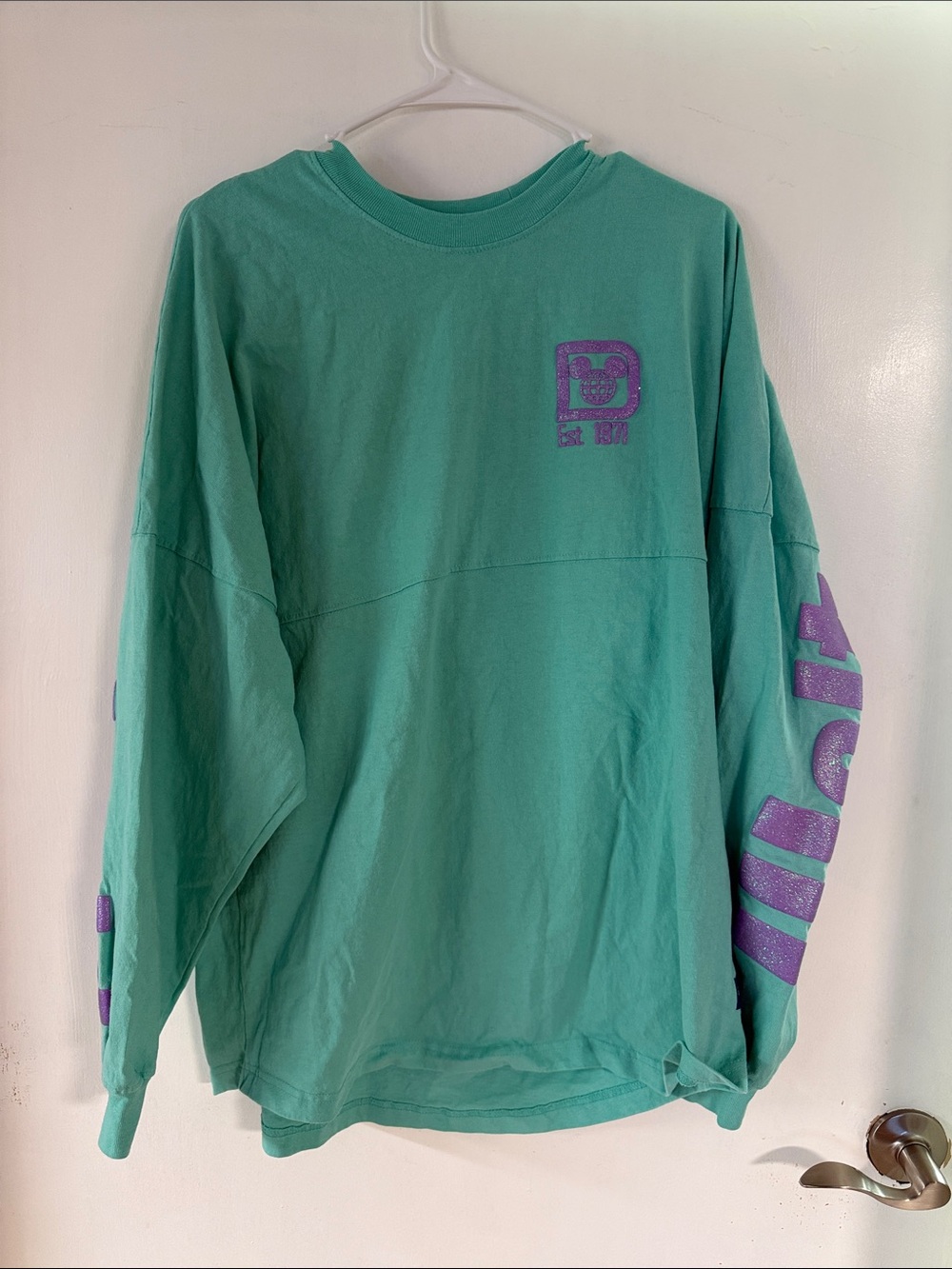 Disney large spirit jersey  Teal green  Long Sleeve Shirt with purple Logo